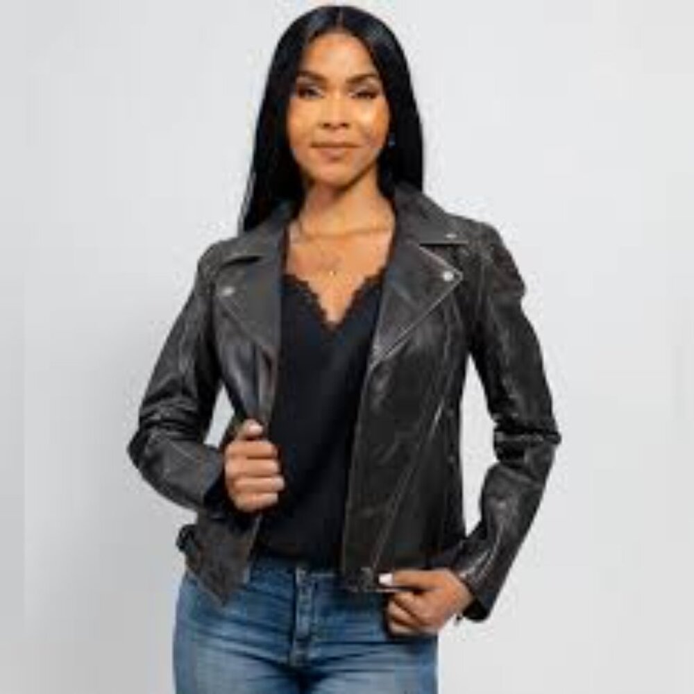 NWT Whet Blu Stephanie Distressed Leather Moto Jacket in Black - Size S